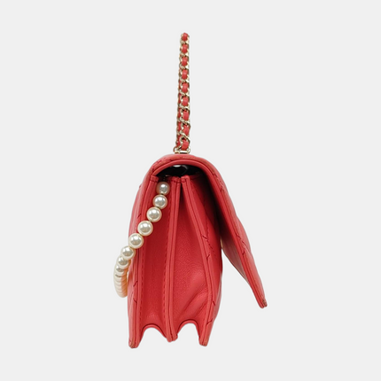 Chanel East West Single Flap Bag Pearl Chain Clutch Pink Lambskin