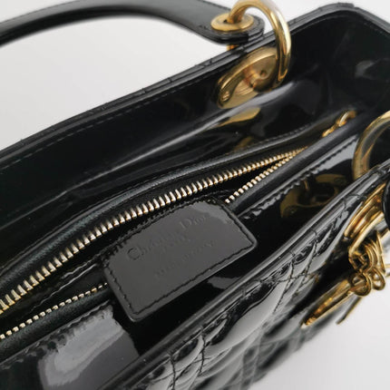 Sold Lady Dior Medium Black Patent Leather Handbag with Gold Hardware
