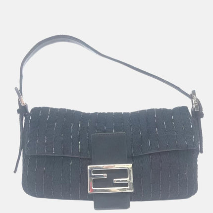 Fendi Baguette Vintage Black Glitter Beads and Cloth Knit Shoulder Bag-Luxbags
