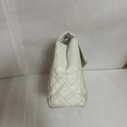 Chanel Classic Flap Maxi White Caviar Leather Silver-tone Hardware Giant CC Logo