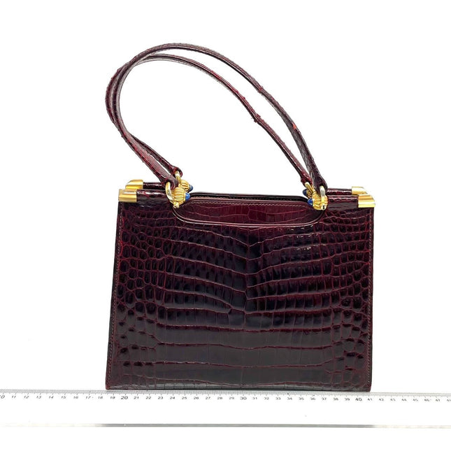 Gucci Vintage Burgundy Alligator Leather Blue Lapis Lazuli Stone Gold-tone Hardware Handbag