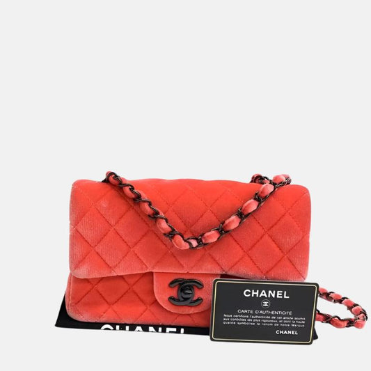 Chanel Classic Flap Mini Coral Pink Velvet Black Hardware, 2014-2015-Luxbags