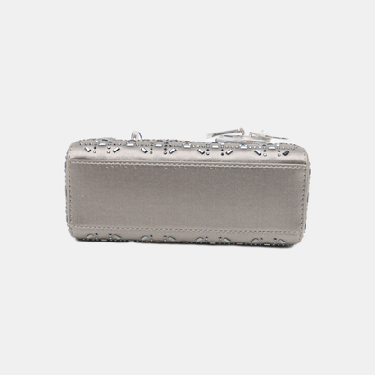 Lady Dior Mini Grey Silk with Crystals Silver Hardware