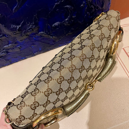 Sold Gucci Horsebit 1955 Large Cloth Beige Monogram Gold Leather Shoulder bag