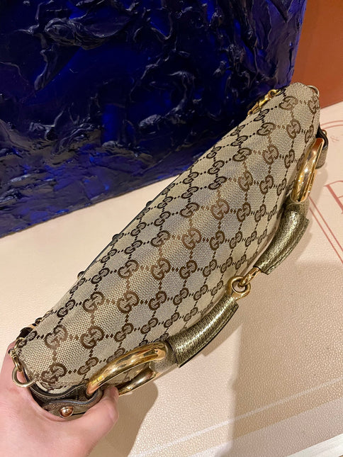 Sold Gucci Horsebit 1955 Large Cloth Beige Monogram Gold Leather Shoulder bag