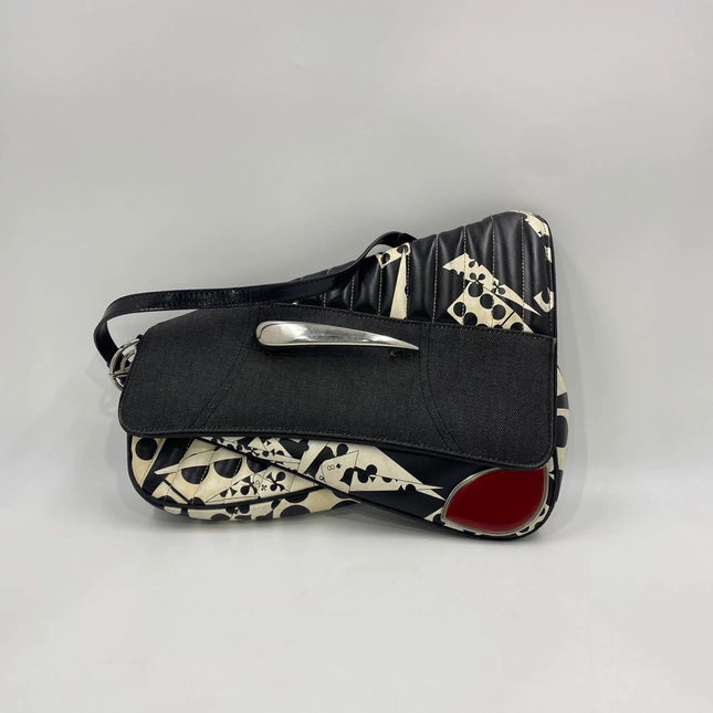 Dior Montaigne Chris 1947 Black Leather Cadillac Poker Print Bejeweled Shoulder Bag