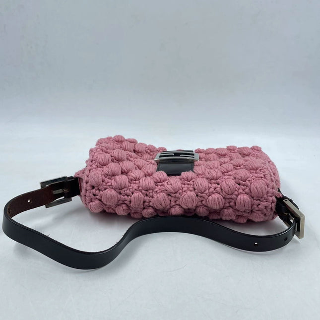 Sold Fendi Baguette Bag Pink Crochet Knit Wool Pompom Shoulder Bag