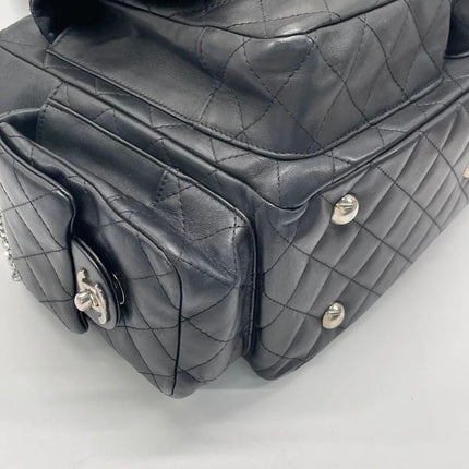 Chanel Cambon Multi-pocket Ligne Reporter Bag Large Black Calfskin Leather White Logo