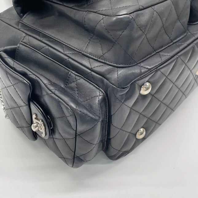 Chanel Cambon Multi-pocket Ligne Reporter Bag Large Black Calfskin Leather White Logo