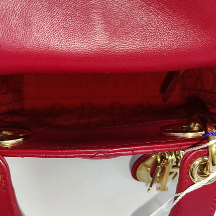 Lady Dior Mini Red Lambskin Leather Gold HW Chain Strap