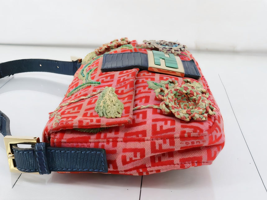 Sold Fendi Baguette Pink Zucchino with Knit Flower Embroidery