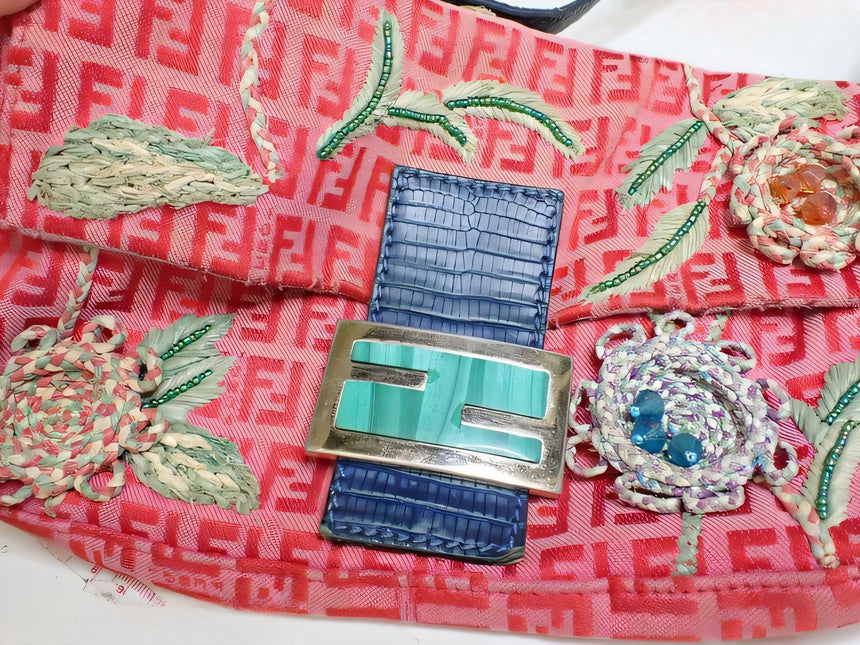 Sold Fendi Baguette Pink Zucchino with Knit Flower Embroidery
