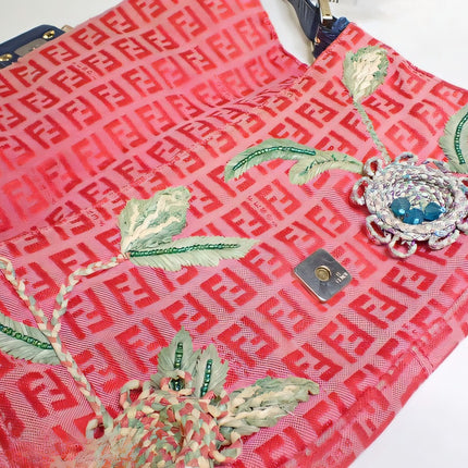 Sold Fendi Baguette Pink Zucchino with Knit Flower Embroidery