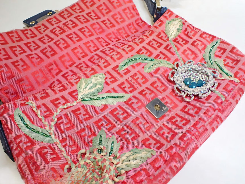 Sold Fendi Baguette Pink Zucchino with Knit Flower Embroidery