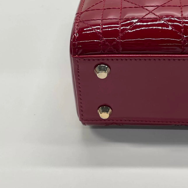 Lady Dior Mini 2020 Red Burgundy Patent Leather Gold Hardware Suede Interior Chain Strap