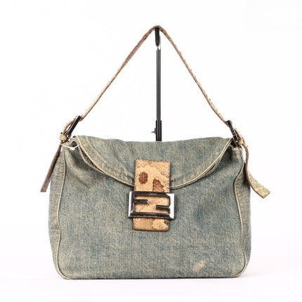 Fendi Baguette Denim Shoulder Bag Snake-skin Strap