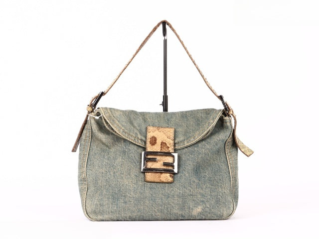 Fendi Baguette Denim Shoulder Bag Snake-skin Strap