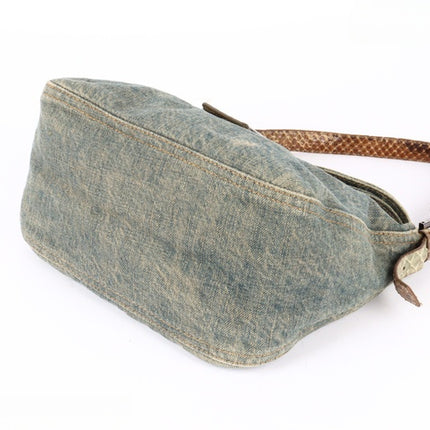 Fendi Baguette Denim Shoulder Bag Snake-skin Strap