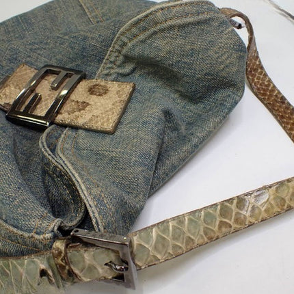 Fendi Baguette Denim Shoulder Bag Snake-skin Strap
