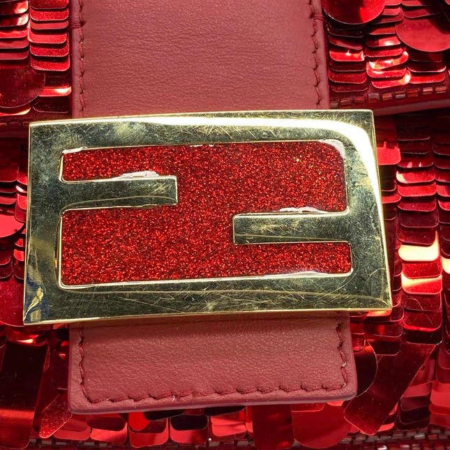 Fendi Baguette Medium Red Glitter Sequins Shoulder Bag