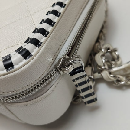 Chanel Filigree Medium Vanity Case White and Black Happy Stitch Top Handle with Chain