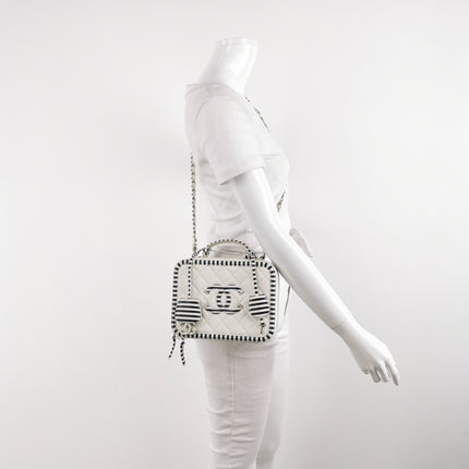 Chanel Filigree Medium Vanity Case White and Black Happy Stitch Top Handle with Chain