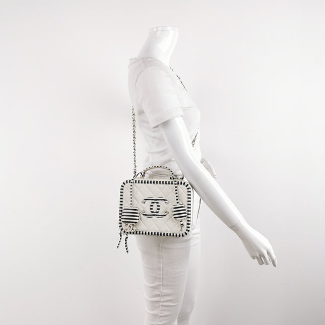 Chanel Filigree Medium Vanity Case White and Black Happy Stitch Top Handle with Chain