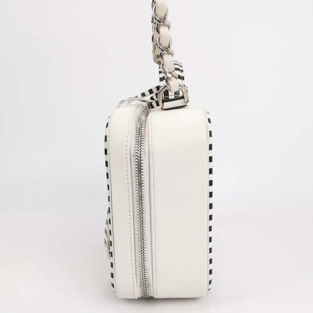 Chanel Filigree Medium Vanity Case White and Black Happy Stitch Top Handle with Chain