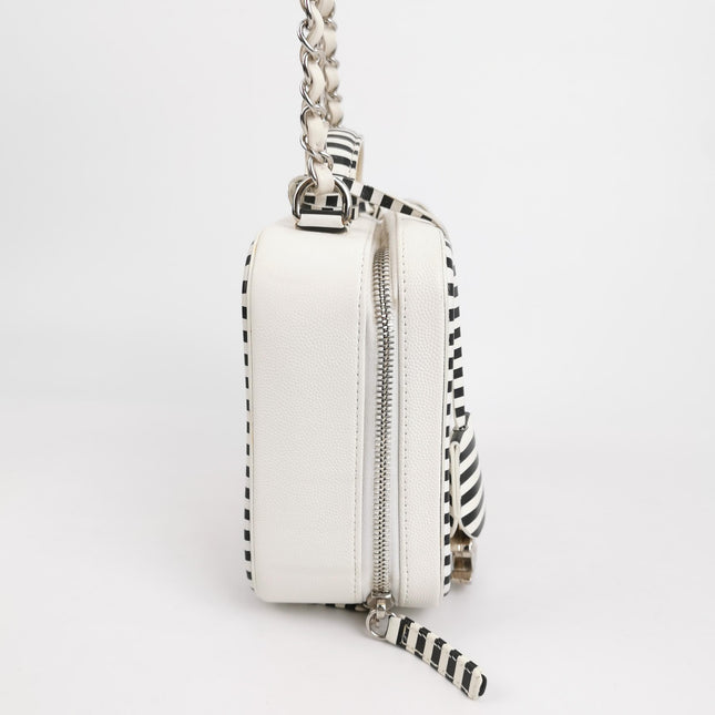 Chanel Filigree Medium Vanity Case White and Black Happy Stitch Top Handle with Chain