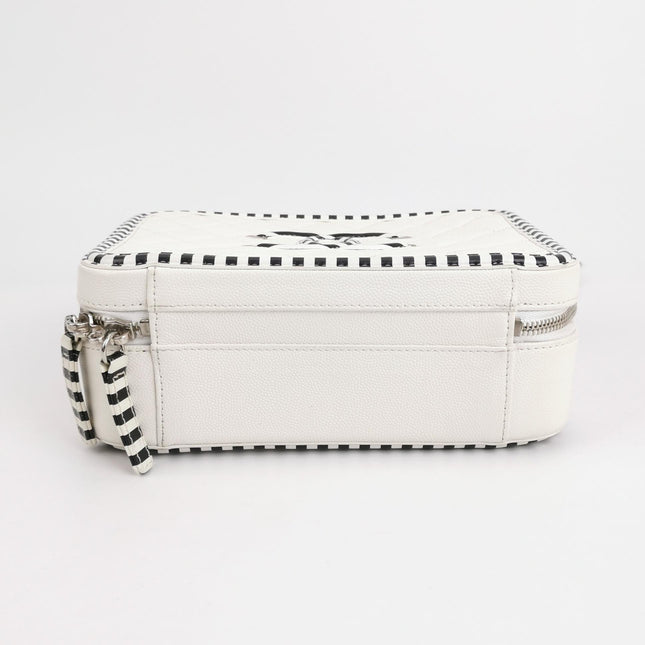 Chanel Filigree Medium Vanity Case White and Black Happy Stitch Top Handle with Chain