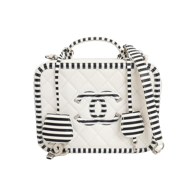 Chanel Filigree Medium Vanity Case White and Black Happy Stitch Top Handle with Chain-Luxbags