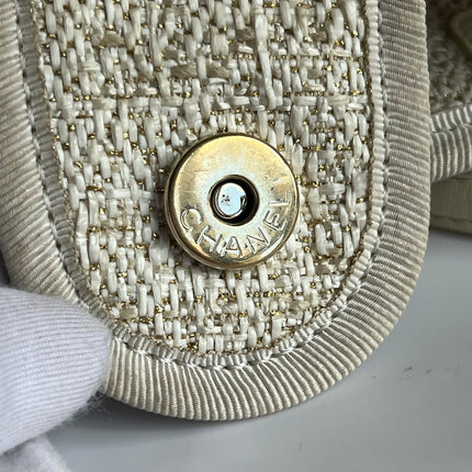 Chanel Deauville Tote Gold Beige Cloth Leather Chain Strap Small 34cm