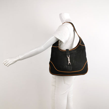 Gucci Jackie 1961 Medium Black Suede Leather with Orange Trimming Bag