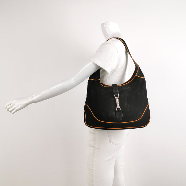 Gucci Jackie 1961 Medium Black Suede Leather with Orange Trimming Bag