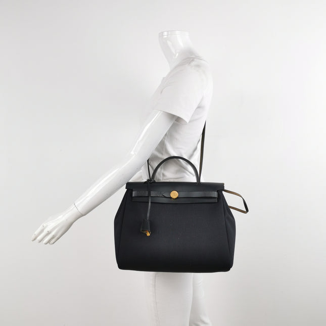 Hermes Herbag 31 Black Canvas Gold Hardware Crossbody Bag