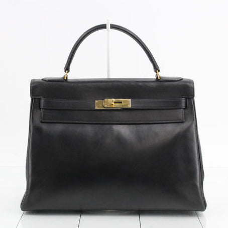 Hermes Kelly 32 Retourne 1977 Black Box Leather Gold Hardware With Strap-Luxbags