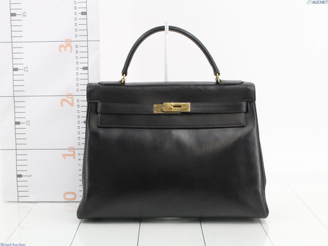 Hermes Kelly 32 Retourne 1977 Black Box Leather Gold Hardware With Strap