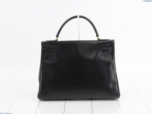 Hermes Kelly 32 Retourne 1977 Black Box Leather Gold Hardware With Strap