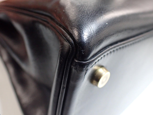 Hermes Kelly 32 Retourne 1977 Black Box Leather Gold Hardware With Strap