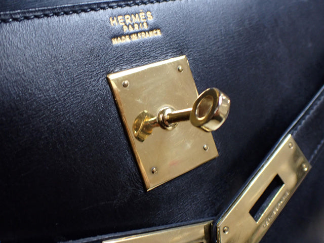 Hermes Kelly 32 Retourne 1977 Black Box Leather Gold Hardware With Strap