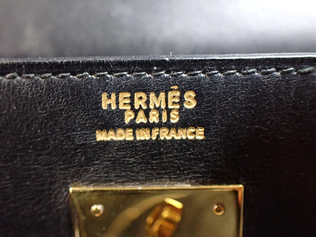 Hermes Kelly 32 Retourne 1977 Black Box Leather Gold Hardware With Strap