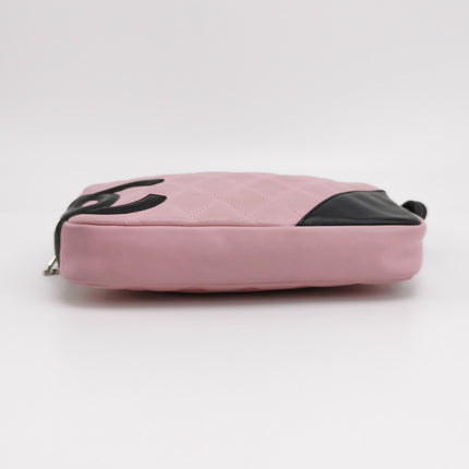 Chanel Cambon Clutch Shoulder Bag Pink Calfskin Leather Black Strap