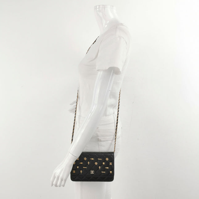 Chanel Egyptian Amulet Wallet on Chain Black Lambskin Leather Gold Hardware
