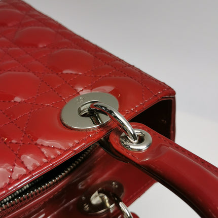 Lady Dior Medium Cherry Red Burgundy Patent Leather Handbag Silver Hardware