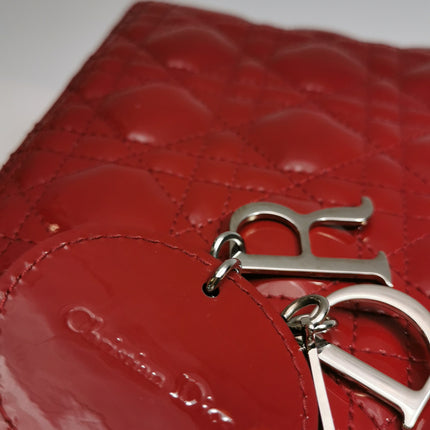 Lady Dior Medium Cherry Red Burgundy Patent Leather Handbag Silver Hardware