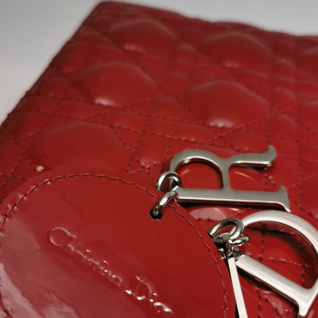 Lady Dior Medium Cherry Red Burgundy Patent Leather Handbag Silver Hardware