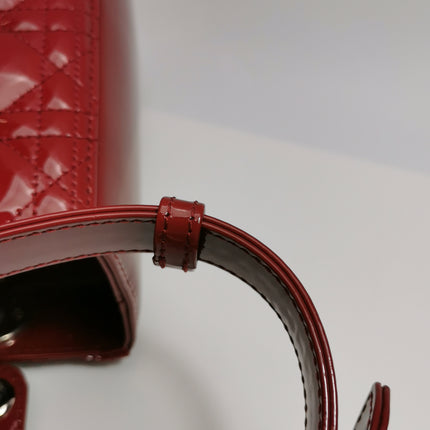 Lady Dior Medium Cherry Red Burgundy Patent Leather Handbag Silver Hardware
