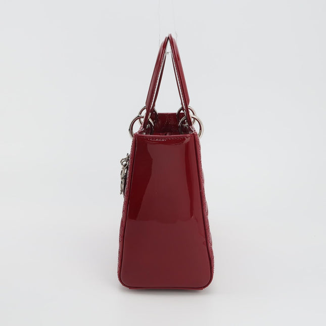 Lady Dior Medium Cherry Red Burgundy Patent Leather Handbag Silver Hardware