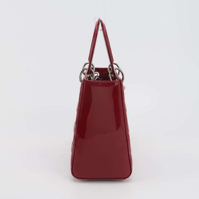 Lady Dior Medium Cherry Red Burgundy Patent Leather Handbag Silver Hardware