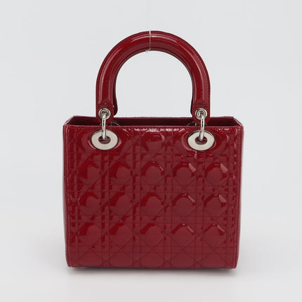 Lady Dior Medium Cherry Red Burgundy Patent Leather Handbag Silver Hardware